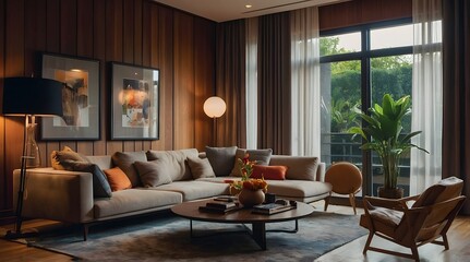 Fototapeta premium modern and minimal living room interior design, contemporary interior design, 3D render, cinematic lighting, A cozy living room with soft sofas, warm lighting and decorative elements such as cushions 