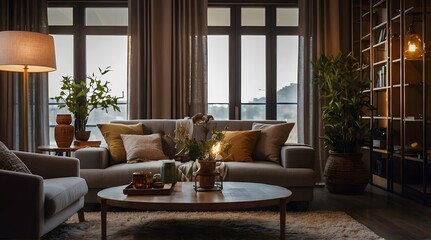 Fototapeta premium modern and minimal living room interior design, contemporary interior design, 3D render, cinematic lighting, A cozy living room with soft sofas, warm lighting and decorative elements such as cushions 