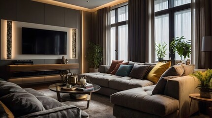 Fototapeta premium modern and minimal living room interior design, contemporary interior design, 3D render, cinematic lighting, A cozy living room with soft sofas, warm lighting and decorative elements such as cushions 