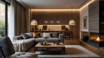 Fototapeta premium modern and minimal living room interior design, contemporary interior design, 3D render, cinematic lighting, A cozy living room with soft sofas, warm lighting and decorative elements such as cushions 