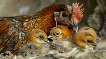 A close-up of a mother hen keeping her chicks warm under her feathers on a chilly day