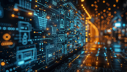 Obraz premium Digital Commerce Constellation, Illuminate the online shopping experience with a constellation of interconnected digital devices, 