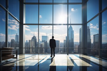 Fototapeta premium Businessman Overlooking Cityscape from Modern Office with Floor-to-Ceiling Windows