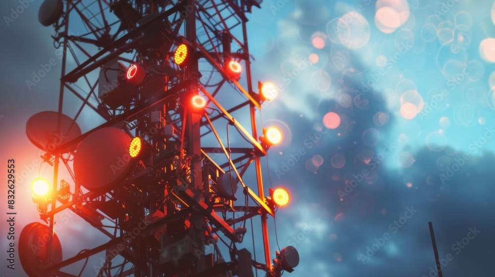 Poster a close-up of antennas and equipment on a telephone signal tower, transmitting signals to mobile dev