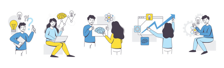 Business Project with People Character Working with Startup Outline Vector Illustration Set