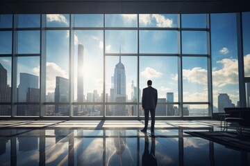 Fototapeta premium Businessman in Modern Office Overlooking Cityscape through Large Windows, Ideal for Corporate Design