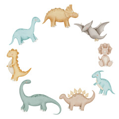 Dinosaurs Watercolor round Frame. Cute Baby Dino illustration. Drawing of Wreath with prehistoric animals for Baby shower invitations or birthday greeting cards. Border in pastel colors.