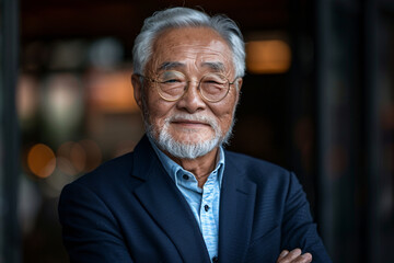 Confident Elderly Asian Man in a Blazer Standing Outdoors in an Urban Setting