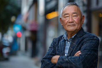 Distinguished Elderly Asian Man in a Plaid Jacket Standing Confidently on a City Street