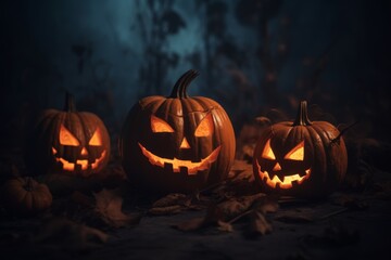 Obraz premium Spooky Jack-O'-Lanterns Glowing in Mysterious Halloween Night Scene for Festive Design