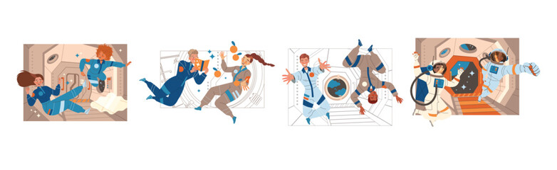 Man and Woman Astronaut Character in Outer Space in Spacesuit Vector Illustration Set