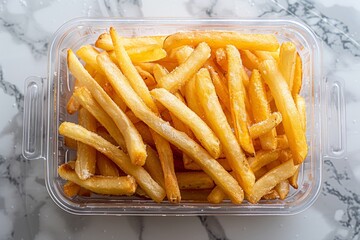 Fresh French fries in a plastic container