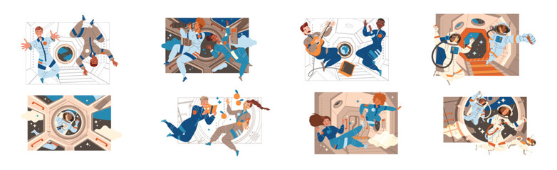Man and Woman Astronaut Character in Outer Space in Spacesuit Vector Illustration Set