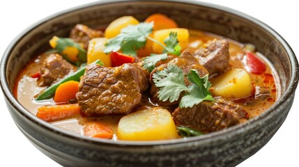 A bowl of stew with meat and vegetables