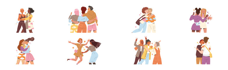 Man and Woman Friend Hugging Meeting Each Other Feeling Joy Vector Illustration Set
