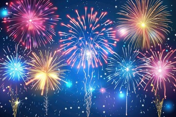 Colorful holiday fireworks on blue background illustration. Independence Day celebration concept 