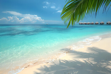 Fototapeta premium Tropical beach in Maldives with white sand, turquoise water, palm tree, and distant stilt bungalows under a bright blue sky