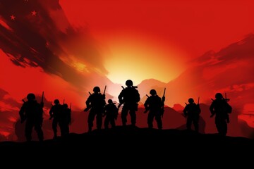 Fototapeta premium Silhouette of Chinese Soldiers at Dawn - Military Strength and Unity Against a Vibrant Sunrise