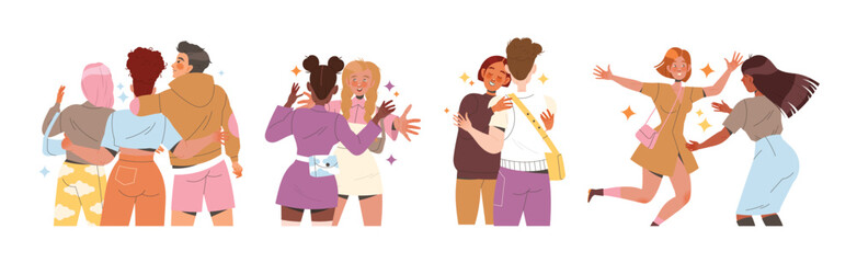 Man and Woman Friend Hugging Meeting Each Other Feeling Joy Vector Illustration Set