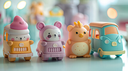 Illustration of four cute animal toys in the shape of an ice cream truck, with a pastel color scheme, blurred background and bright light, featuring detailed character design and cartoon style