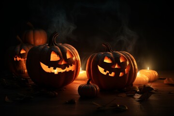 Spooky Halloween Jack-O'-Lanterns with Glowing Pumpkins in Dark Mysterious Setting for Festive Decor