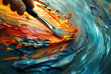 Individual dipping paintbrush in colorful paint inside a bowl