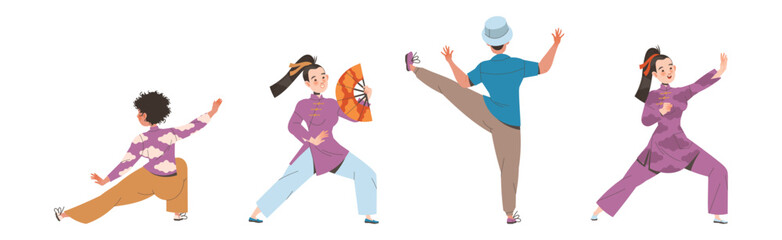 Tai Chi Practice with Man and Woman Doing Qigong Exercise as Internal Chinese Martial Art Vector Illustration Set