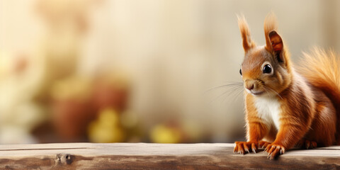 red squirrel on wooden log , banner with copy space