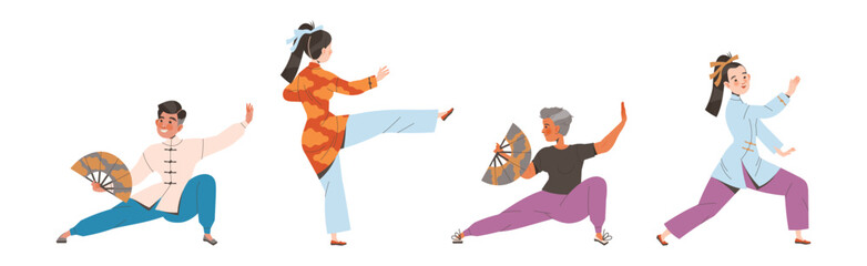 Tai Chi Practice with Man and Woman Doing Qigong Exercise as Internal Chinese Martial Art Vector Illustration Set