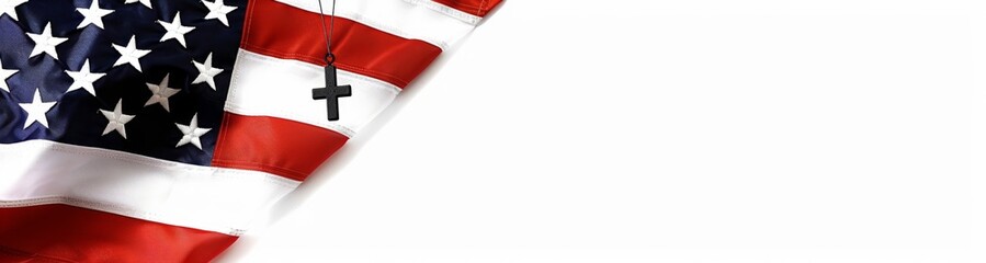 Fototapeta premium American flag with a white background and a small cross hanging from it, taken from a top view Generative AI