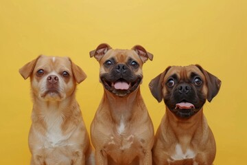 Group of funny dogs, puppies on a yellow background