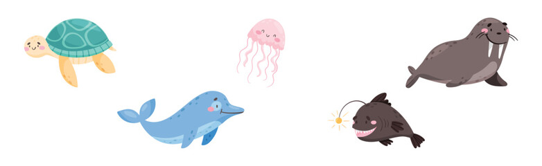 Cute Sea Animal with Smiling Face Vector Set