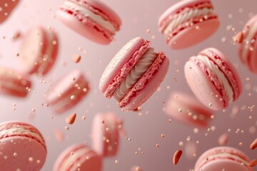 Fototapeta premium Cakes macaroons in motion falling on pink background