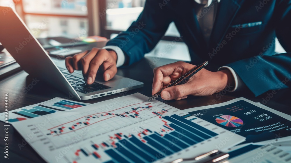 Poster A financial planner reviewing stock market performance with a client while pointing to a stock market graph on a paper report