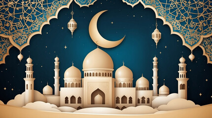 Eid al adha islamic background vector with mosque and lamp