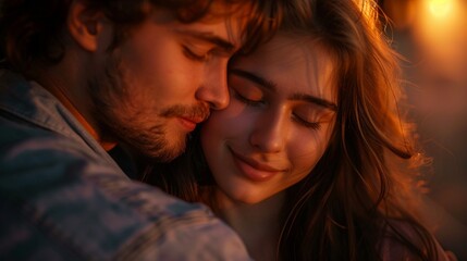 Couple in a close embrace, evening light casting warm shadows, intimate and emotional, Realistic, Highdefinition 8K , high-resolution, ultra HD,up32K HD