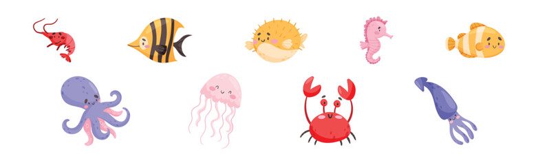Cute Sea Animal with Smiling Face Vector Set