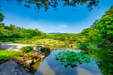 Nara, Japan. Isuien Garden and trees on a sunny spring day