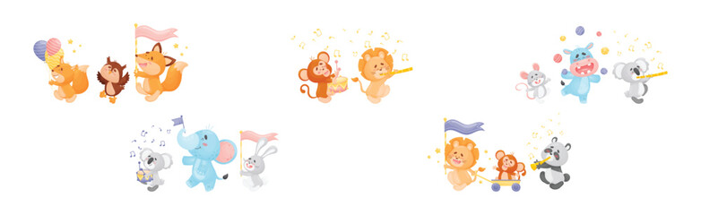 Cute Animal Character Marching and Playing Musical Instrument Vector Set