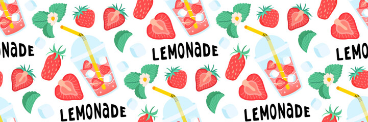 Fresh strawberries lemonade seamless pattern. Bright summer background for restaurants with lettering.