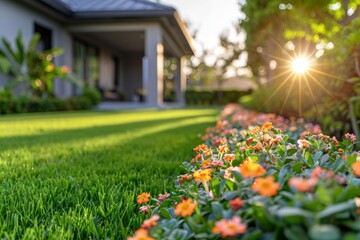 Backyard with lawn and flower bed