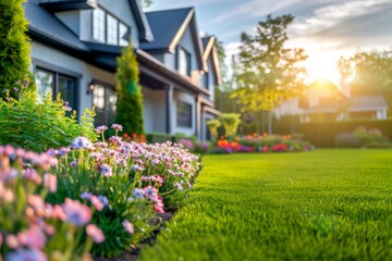 Flowerbed with blooming flowers on the lawn
