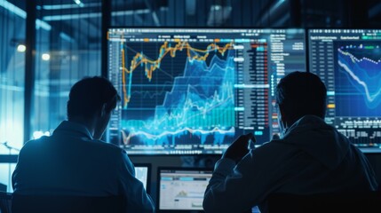 A group of economists analyzing stock market graphs and charts on a large monitor in a research facility