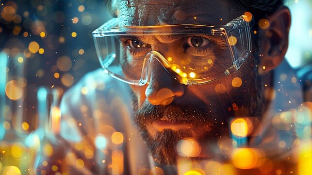 Man scientist with goggles, vibrant splashes and lab vials, innovative and detailed, Realistic style, High detail 8K , high-resolution, ultra HD,up32K HD