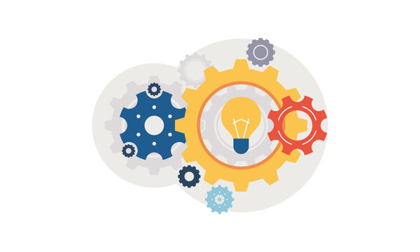 The concept of finding great ideas. Flat Design of Topic of New Ideas and thoughts. 
Creativity and inspiration in a modern style with a light bulb and gears