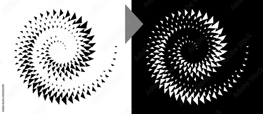 Fototapete spiral dotted background with triangles. design element or icon. black shape on a white background a