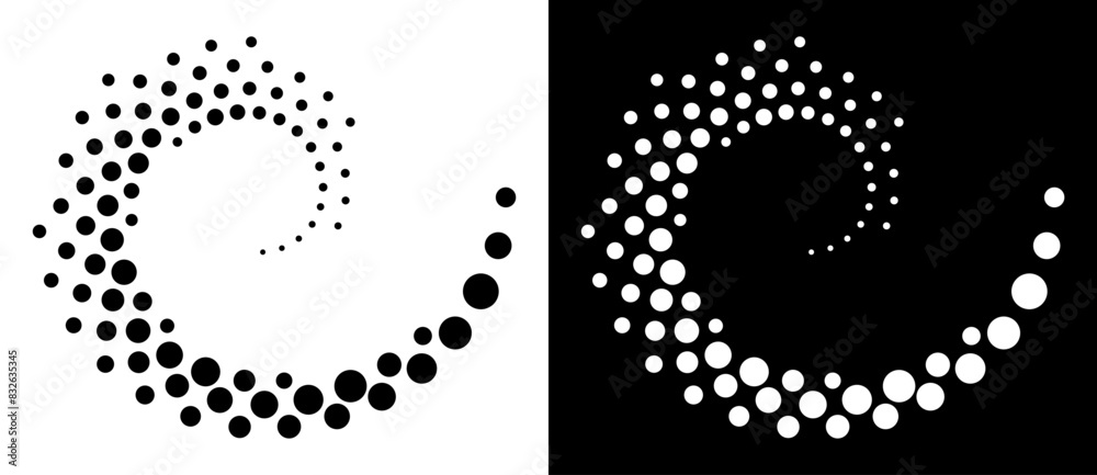 Poster Halftone dots in spiral. Modern abstract background. Design element or icon, logo. Black shape on a white background and the same white shape on the black side.