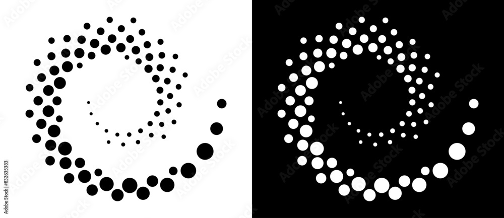 Poster halftone dots in spiral. modern abstract background. design element or icon, logo. black shape on a 