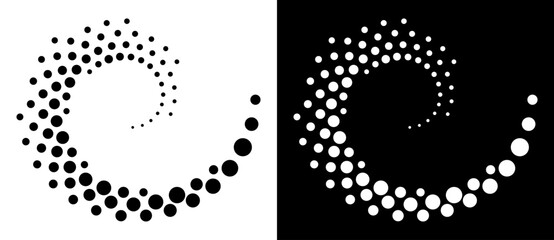 Halftone dots in spiral. Modern abstract background. Design element or icon, logo. Black shape on a white background and the same white shape on the black side.