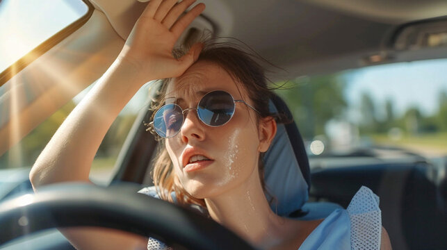 Woman tried face and suffering heat stroke in the car from summer and climate problem.